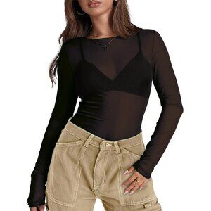 🆕 Women Black Mesh Sheer Long Sleeve Tops Lace Sexy Mock Neck Shirts Layering